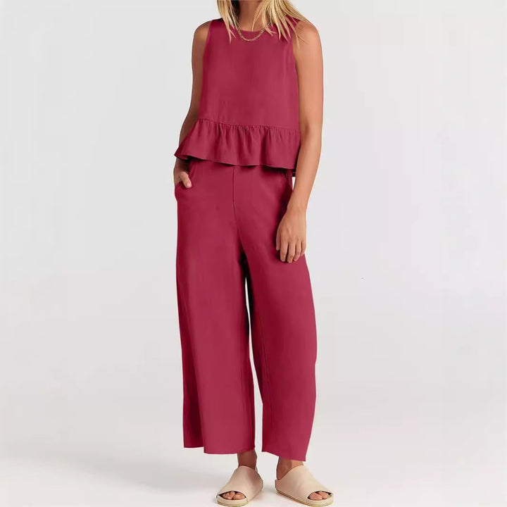 Women’s Two-Piece Set – Sleeveless Peplum Top – Wide-Leg High-Waist Pants – Lightweight Breathable