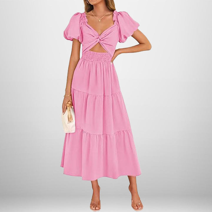 Women’s Midi Dress – Twisted Knot Bust – Puff Sleeve – Tiered Skirt – Shirred Waist