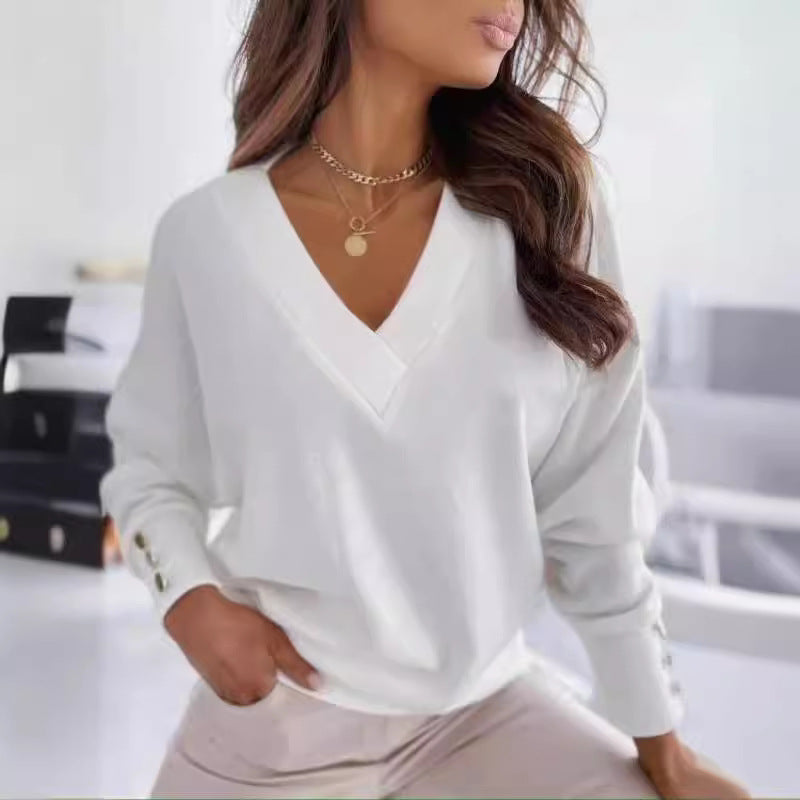 Women’s Long Sleeve T-Shirt - Soft Knit - Relaxed Fit - V-Neck with Button Detail