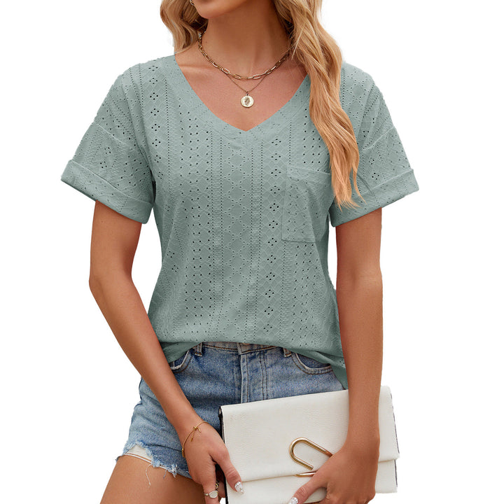Women’s T-Shirt – Relaxed Fit – V-Neck – Eyelet Pattern – Short Sleeve – Breathable Blend
