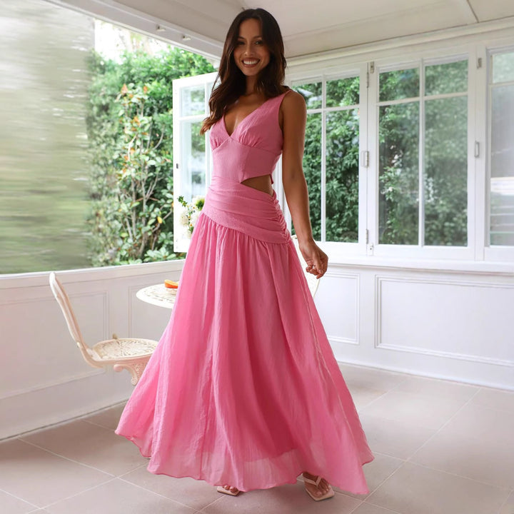 Women’s Maxi Dress – Deep V-Neck – Cut-Out Waist – Flowing Skirt – Elegant Fit