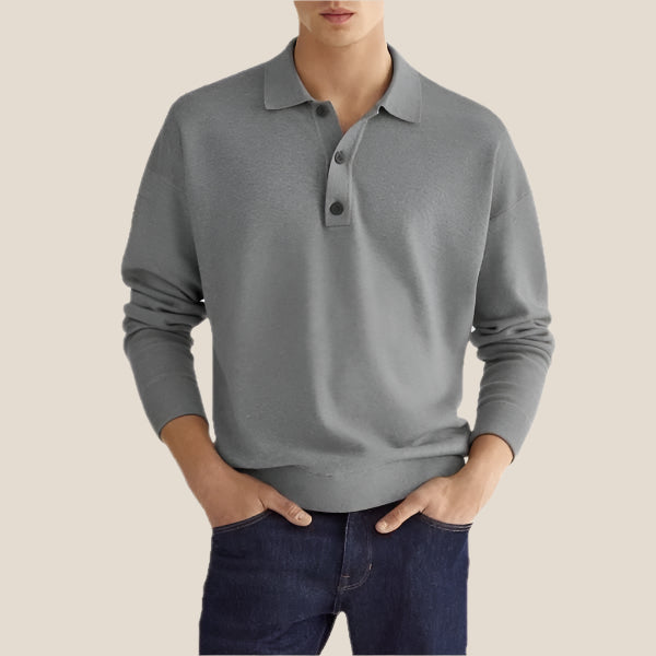Men’s Polo Shirt - Soft Knit Cotton Blend - Regular Fit - Long Sleeve Ribbed Cuffs