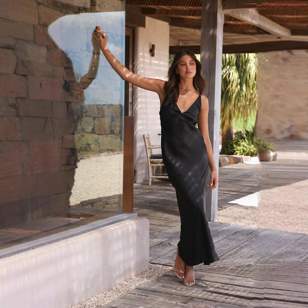 Women’s Maxi Slip Dress – V-Neck – Spaghetti Straps – Elegant Flowing Silhouette