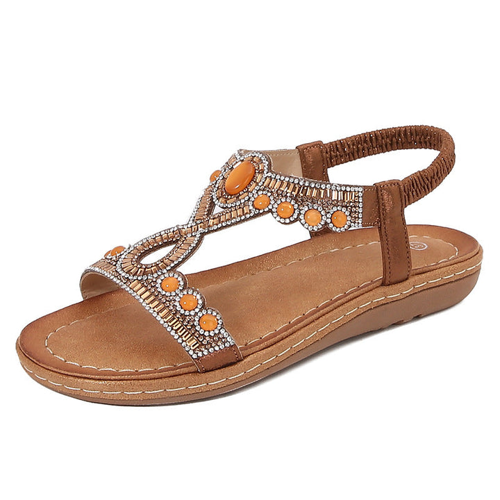 Women’s Sandals – Flat Sole – Cushioned Footbed – Crystal Embellished Thong Strap