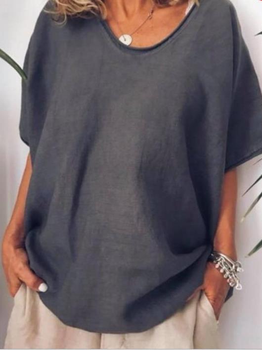 Women’s T-Shirt - Cotton Linen Blend - Relaxed Fit - V-Neck - Short Sleeve - Casual Top