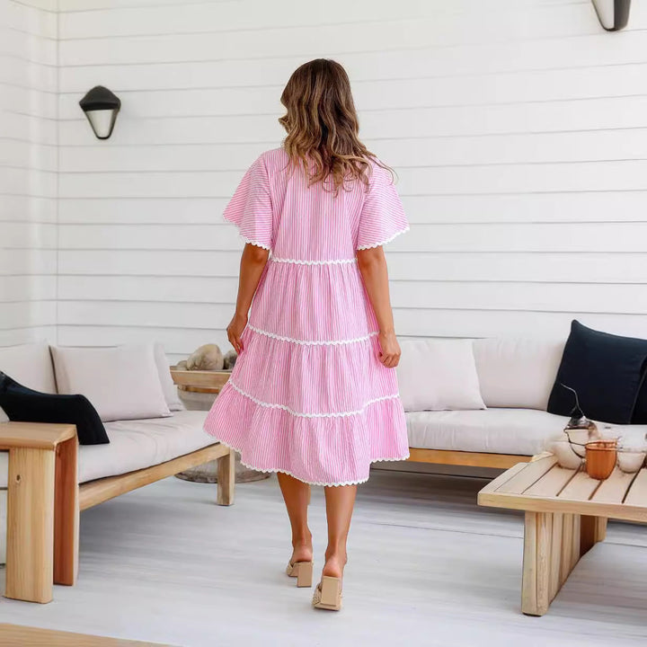 Women’s Tiered Dress – V-Neck – Short Sleeve – Button Front – Scalloped Trim – Flowy Fit