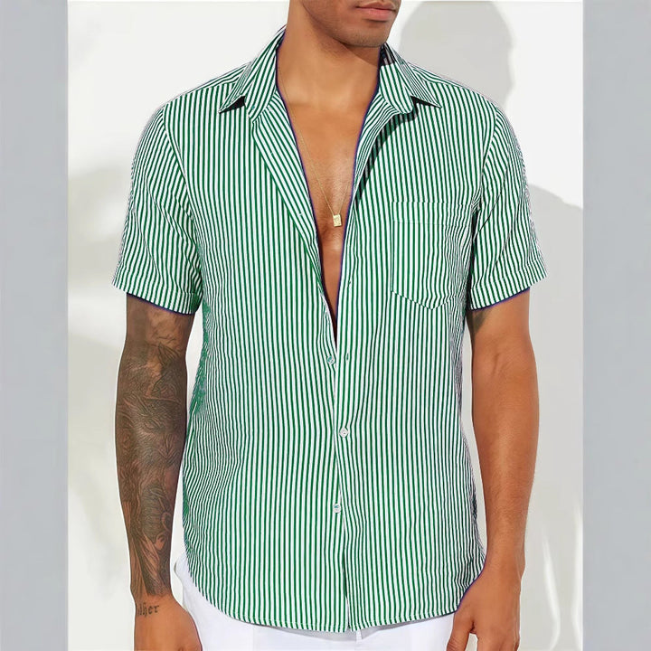 Men’s Button-Up Shirt – Relaxed Fit – Short Sleeve – Breathable Blend – Striped Casual Style