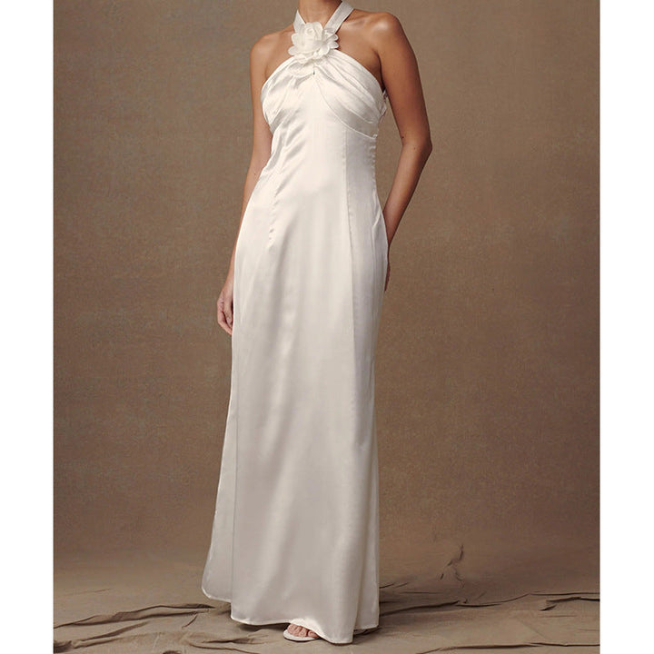 Women’s Evening Gown – Satin Finish – Halter Neck – Floral Detail – Floor Length Fit