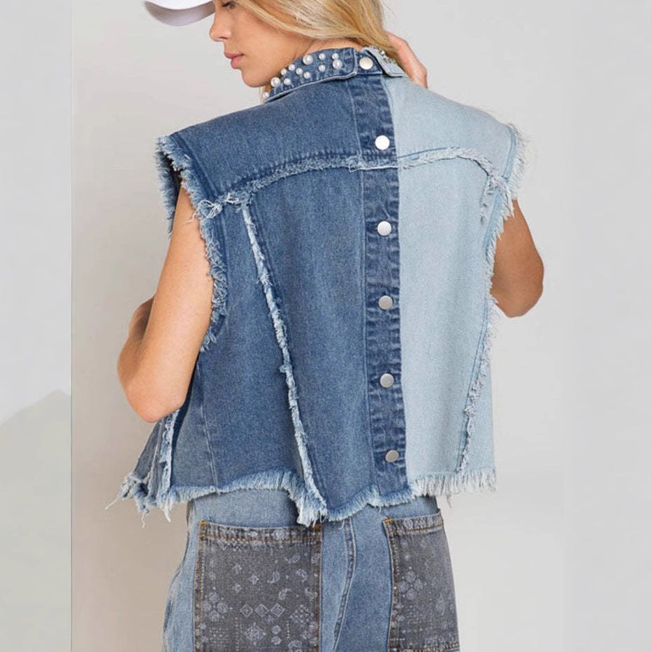 Women’s Denim Vest – Studded Patchwork – Distressed Sleeveless – Button-Front Closure