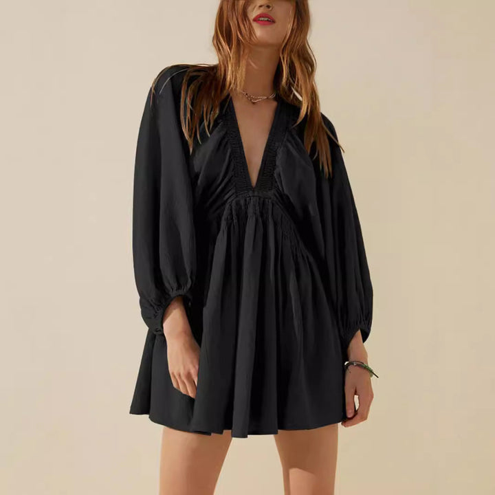 Women’s Mini Dress – Deep V-Neck – Bishop Sleeves – Ruched Waist – A-Line Fit