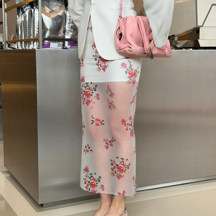 Women’s Midi Skirt - Sheer Floral - Straight Fit - Side Slit - Lightweight Elegant Style