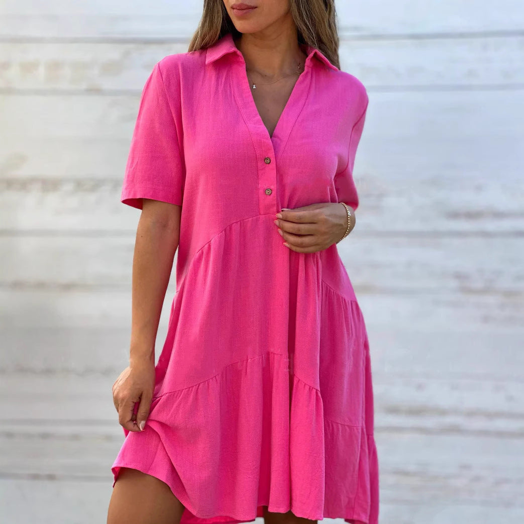 Women's Swing Dress - Relaxed Fit - Natural Fibers - Button-Up Front - Tiered Skirt