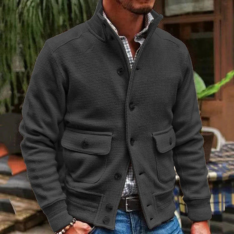 Men’s Jacket - Slim Fit - High Collar - Textured Cotton - Button Closure - Flap Pockets