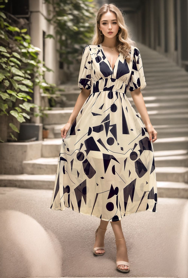 Women’s Midi Dress – Fitted Waist – V-Neck – Puff Sleeves – Breathable Blend – A-Line Fit
