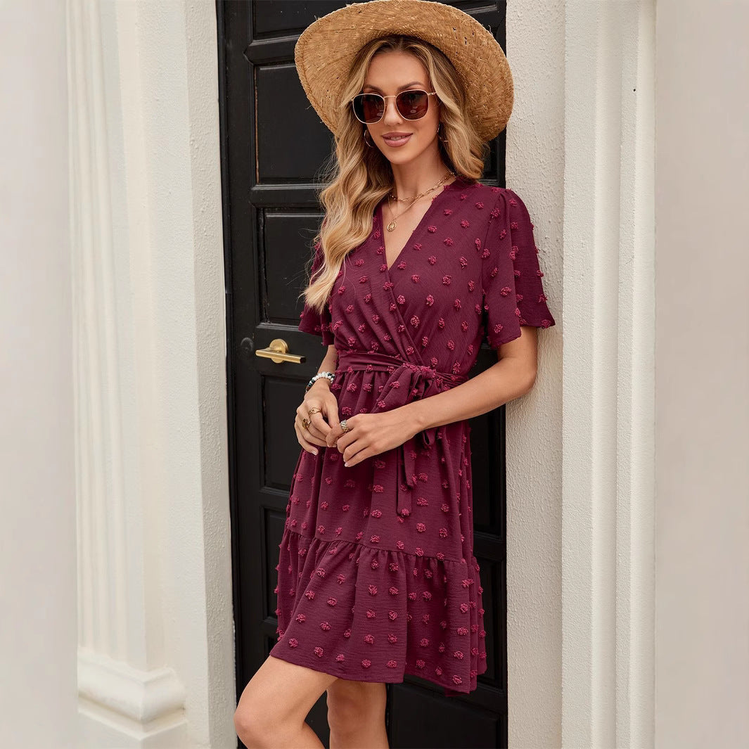 Women’s Wrap Dress - Breathable Blend - V-Neck - Ruffle Hem - Short Sleeve - Relaxed Fit