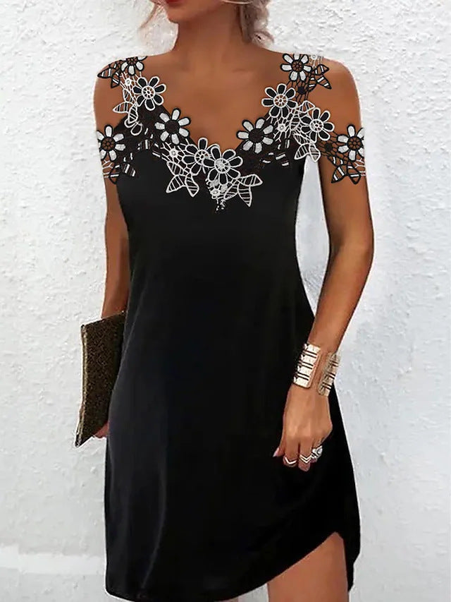 Women’s Mini Dress - Slim Fit - Embroidered Lace V-Neck - Sleeveless Luxury Fabric