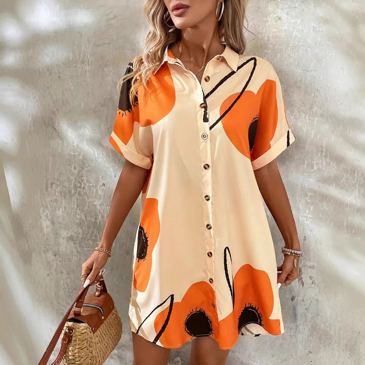 Women’s Shift Dress – Relaxed Fit – Button Front – Floral Print – Rolled Short Sleeve