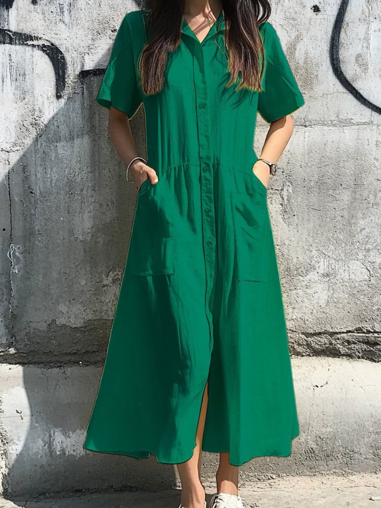 Women’s Shirt Dress – Relaxed Fit – Button-Down – Midi Length – Short Sleeve