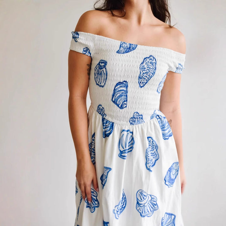 Women’s Off-Shoulder Midi Dress – Smocked Bodice – Lightweight – Flowing Fit – Shell Print