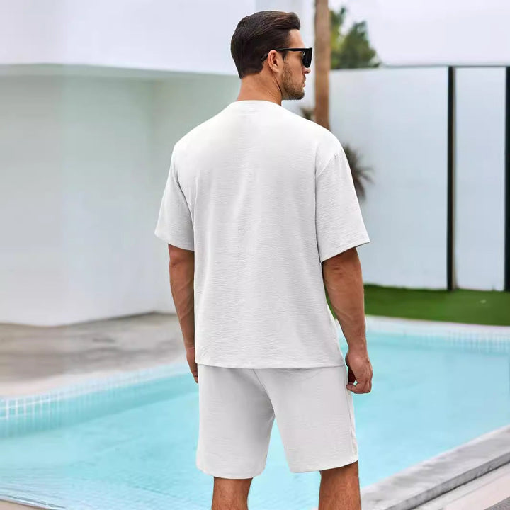 Men’s Lounge Set – Short Sleeve Button Shirt – Relaxed Fit Shorts – Breathable Cotton