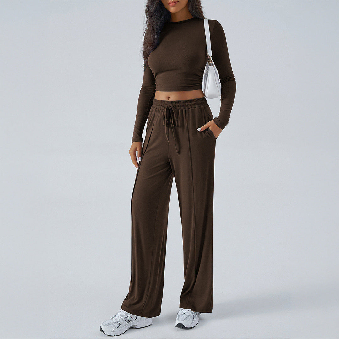 Women’s Two-Piece Set – Slim Fit Cropped Top – High-Waist Wide-Leg Stretch Pants