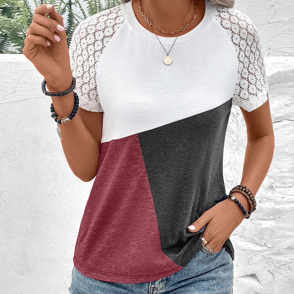 Women’s T-Shirt – Relaxed Fit – Cotton Blend – Lace Sleeve – Round Neck – Color Block