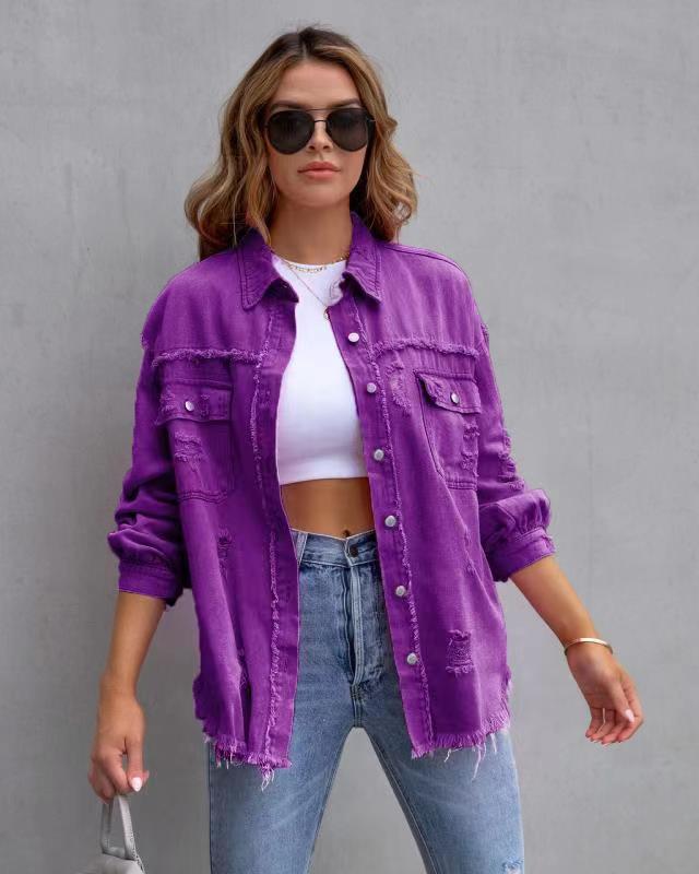 Women’s Denim Jacket – Oversized Fit – Mid Length – Distressed Frayed Casual Layer