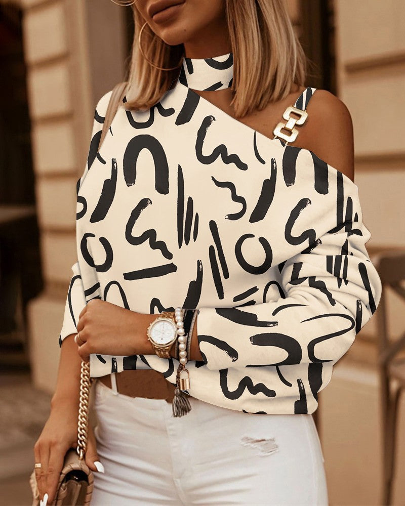 Women’s Long Sleeve Top - Relaxed Fit - Chain Strap Neckline - Checkered Off-Shoulder Design