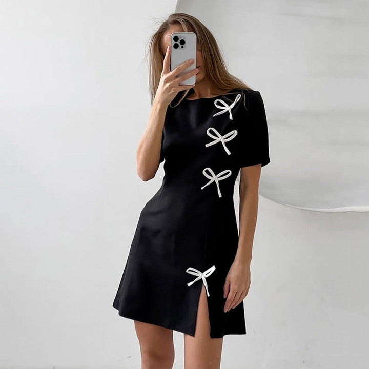 Women’s Straight Cut Dress – Fitted Waist – Short Sleeve – Side Bows – Slit Hem