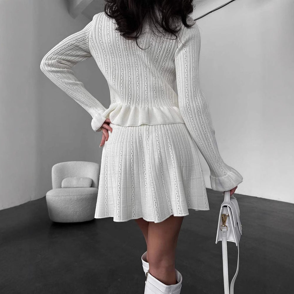 Women’s Knit Set – Ribbed V-Neck Long Sleeve Top – Flared Mini Skirt – Soft Stretch Fit