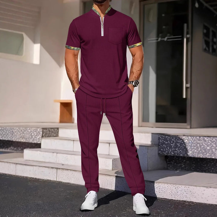 Men’s Sport Set -  Short Sleeve Shirt - Slim Fit - Zip Neck - Chest Pocket