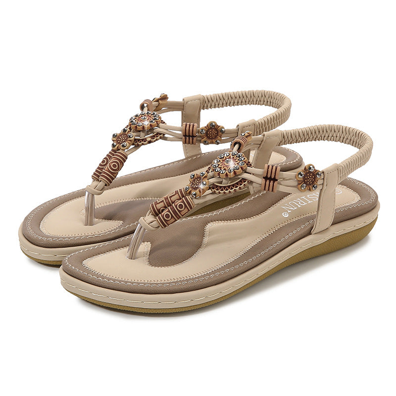 Women’s Flat Sandals – Boho Bead Embellished – Woven Thong Strap – Casual Fit