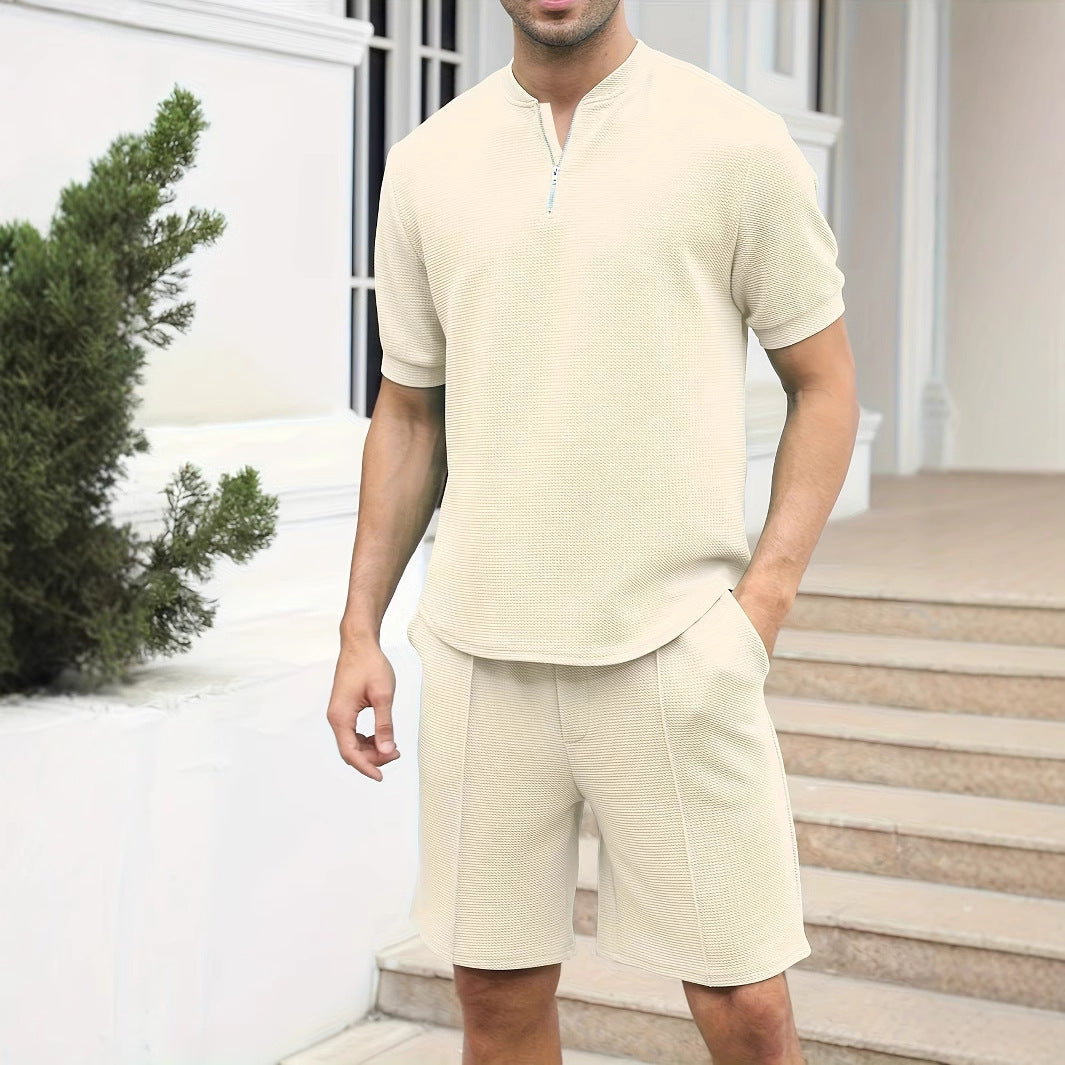 Men’s Zip-Up Waffle Knit Set – Relaxed Fit – Breathable Casual Lounge Wear