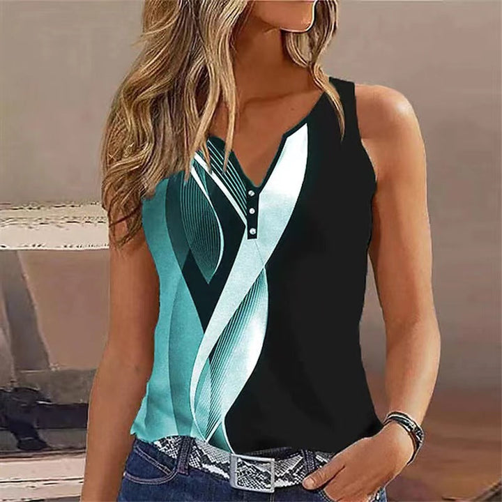 Women’s Sleeveless Top – Relaxed Fit – V-Neck – Decorative Buttons – Breathable Blend