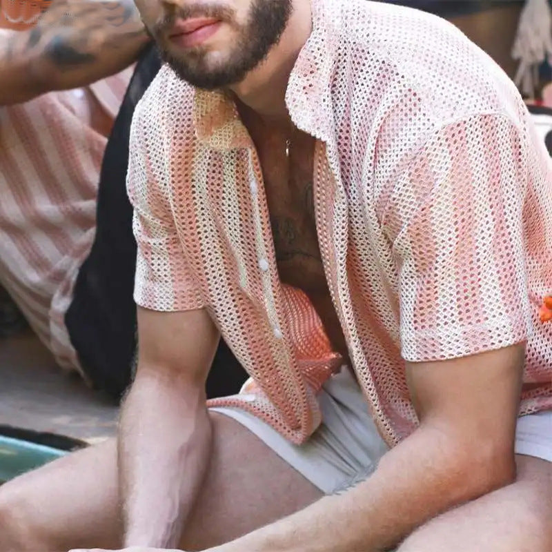 Men’s Mesh Shirt - Relaxed Fit - Short Sleeve - Button-Up - Breathable Grid Design