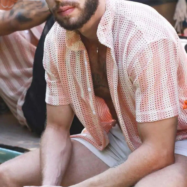 Men’s Mesh Shirt - Relaxed Fit - Short Sleeve - Button-Up - Breathable Grid Design