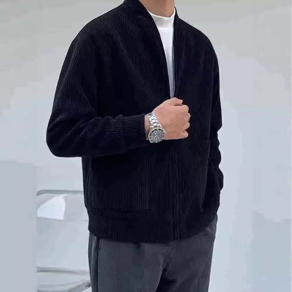 Men’s Corduroy Jacket - Relaxed Fit - V-Neck Zip Front - Ribbed Texture Casual Outerwear