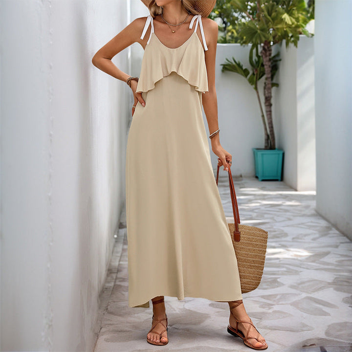 Women’s Maxi Dress – Sleeveless Tie-Strap – V-Neck Layered Bodice – Flowy Fit Casual Wear