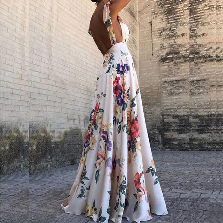 Women’s Maxi Dress – V-Neck – Sleeveless – Fitted Bodice – Flowy Floral Design
