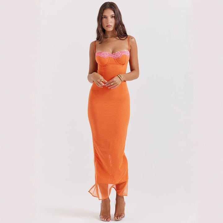 Women’s Midi Slip Dress – Figure-Hugging Fit – Sweetheart Neckline – Lace & Mesh Detail