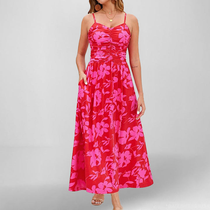 Women’s Maxi Dress – Ruched Bodice – Spaghetti Straps – Sleeveless A-Line – With Pockets