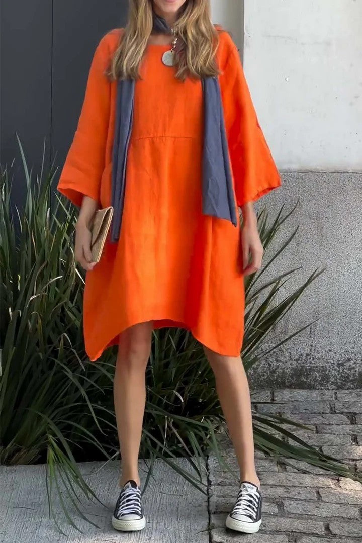 Women’s Dress – Loose Fit – Cotton Linen – Knee Length – 3/4 Sleeve – With Pockets