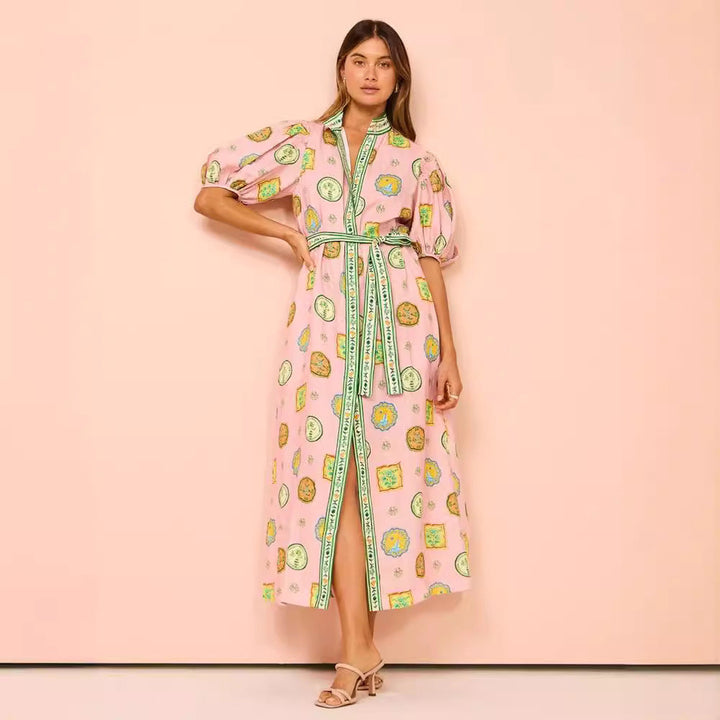 Women’s Midi Dress - Button Down - Puff Sleeve - Belted Waist - Lightweight Breathable Fabric