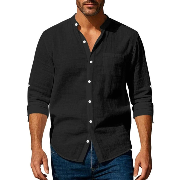Men’s Long Sleeve Shirt - Relaxed Fit - Linen - Band Collar - Button Tab Sleeves