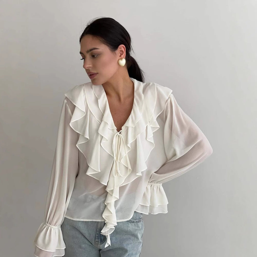 Women’s Blouse – Sheer Lightweight Fabric – Relaxed Fit – Ruffle V-Neck – Long Sleeve