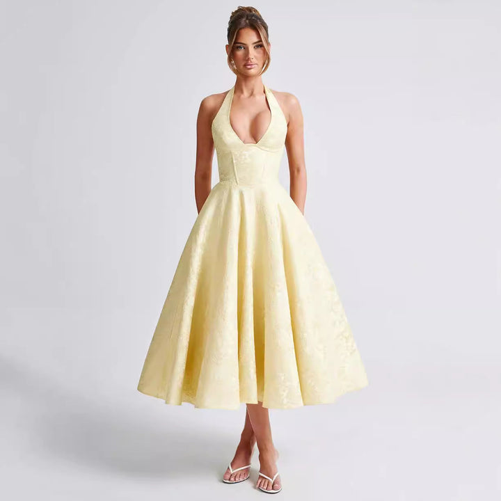 Women’s Halter Neck Dress – Flared Tea-Length – Textured Fabric – Fitted Bodice