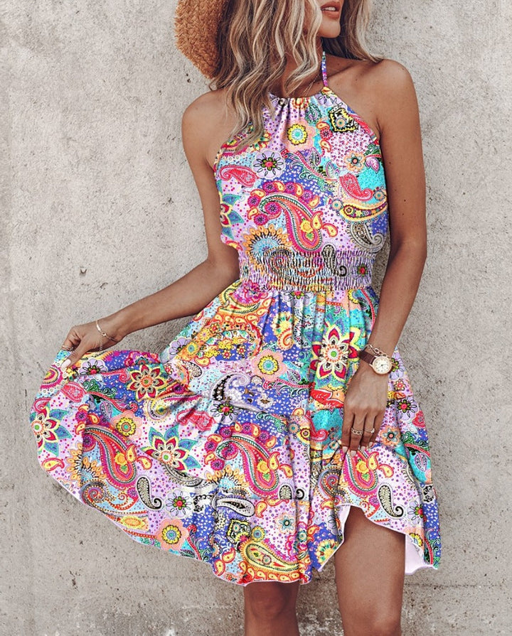 Women’s Halter Neck Dress – Flowy Fit – Smocked Waist – Cotton Blend – Midi Length