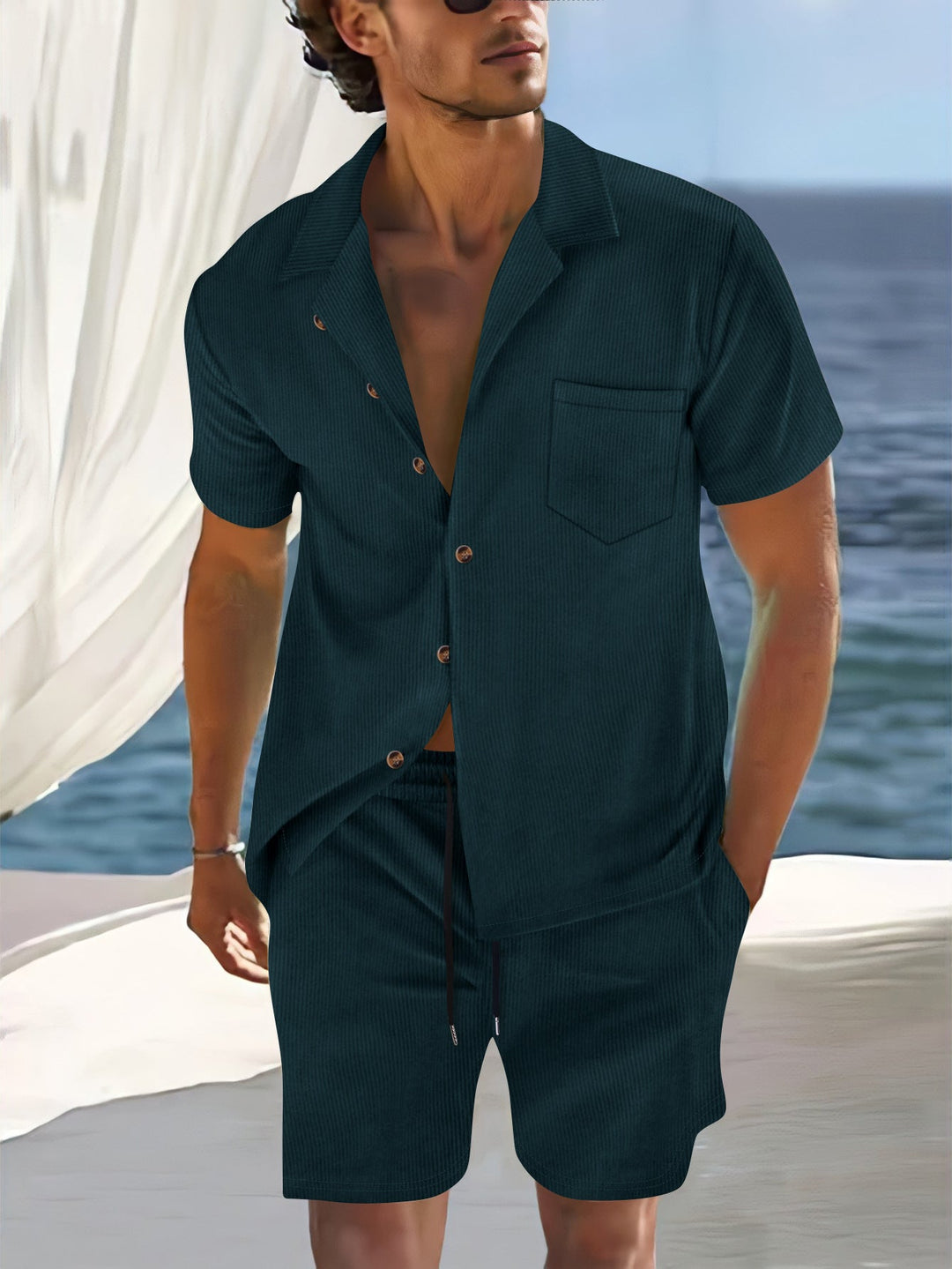 Men’s Short Sleeve Short Set – Relaxed Fit – Vertical Stripe – Lapel Collar – Button Front