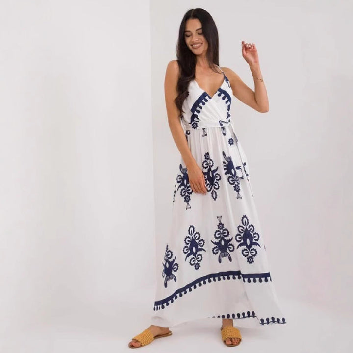 Women’s Maxi Dress – V-Neck – Sleeveless – Lightweight Cotton – Flowing Fit – Tie Waist