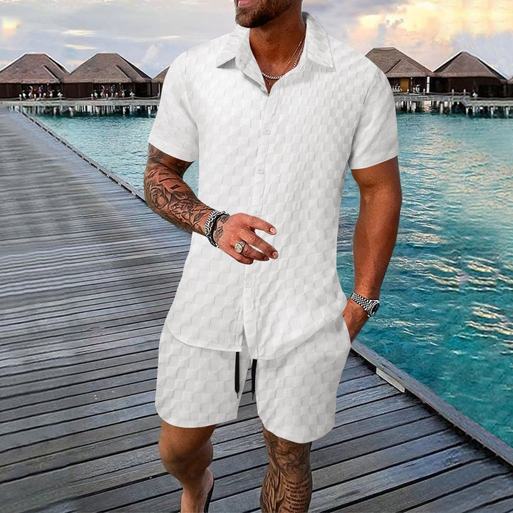 Men's Two-Piece Set - Jacquard Shirt and Shorts - Relaxed Fit - Short Sleeve Lapel Top